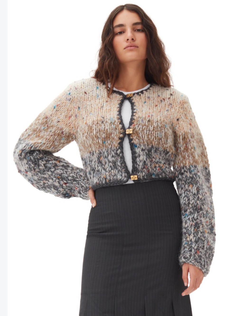 Ganni Handknit Crop Cardigan in Paloma Melange Heathered Button Front Sweater